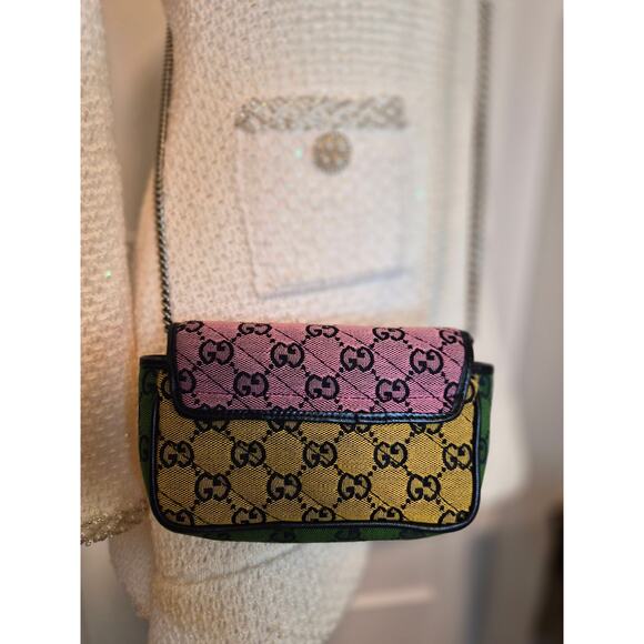 Gucci Pink Red Multicolor Matelasse Quilted Mini GG Marmont Camera Bag - Picture 3 of 8